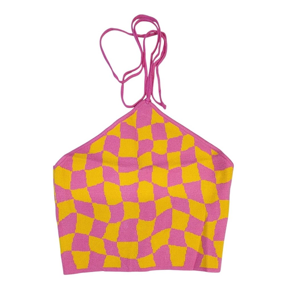 Double Zero Halter Pink Orange Checkered Top  Womens Mystical Medium NWT